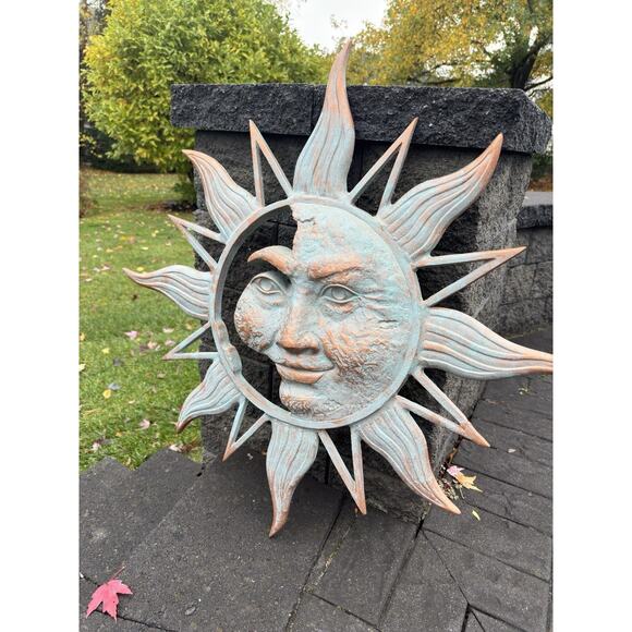 Large 34” Half Face Sun Wall Plaque Aluminum Sculpture Verdigris Finish - Picture 4 of 10